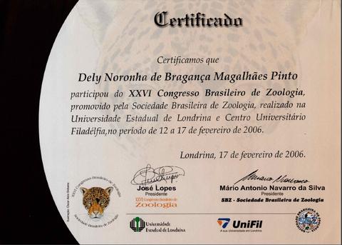 Certificado de participação no XXVI Congresso de Zoologia
