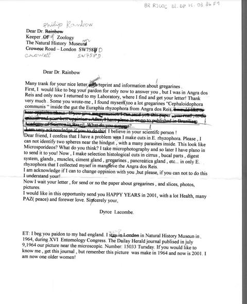 Carta enviada por Dyrce Lacombe ao Dr. Philip Rainbow